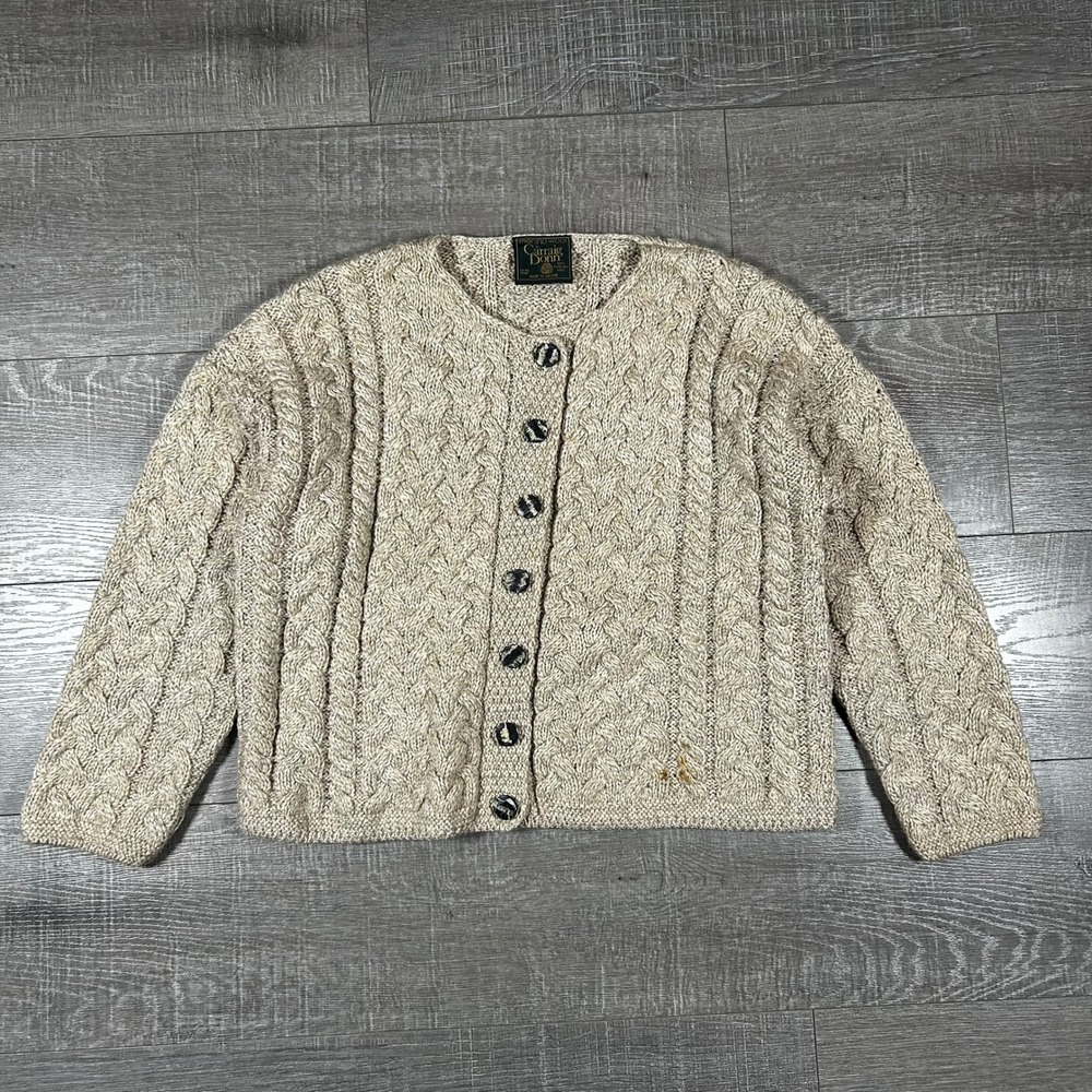 Vintage Carraig Donn Irish Aran Cable Knit‎ Cardigan Merino Wool Ireland READ